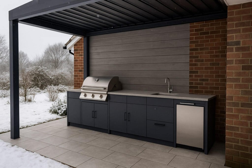 winter outdoor kitchen under pergola